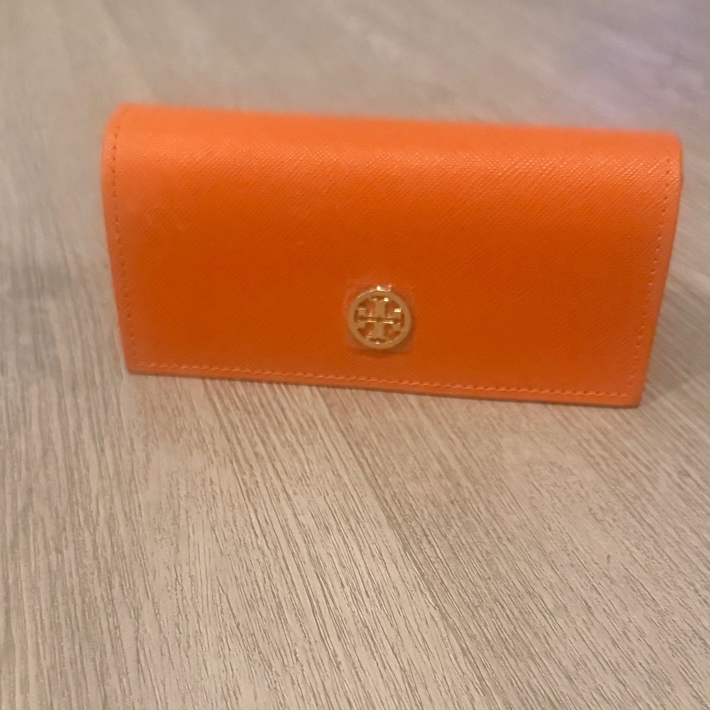 Tory Burch Bright Orange Wallet with Gold Emblem